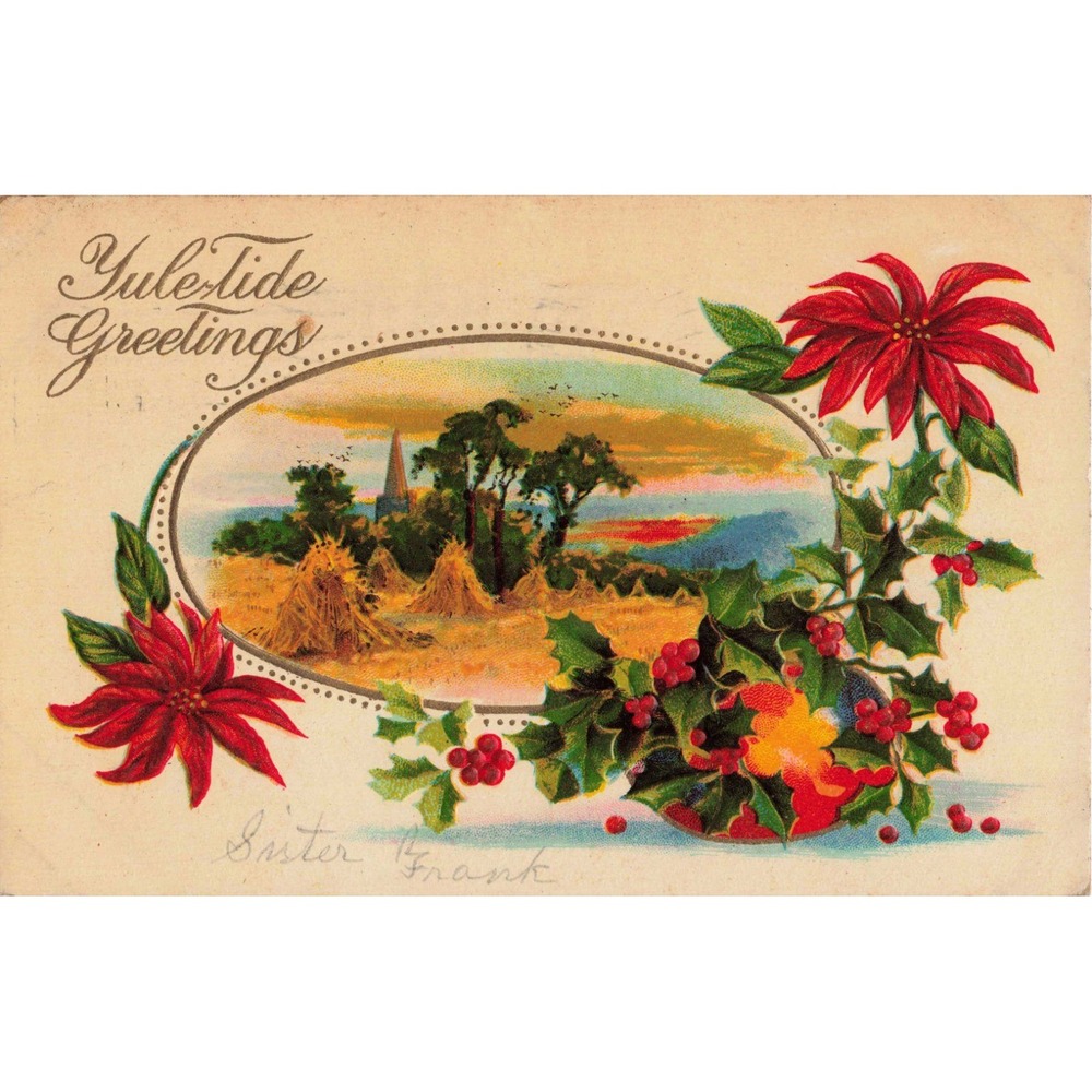 Antique Yuletide Greetings Postcard 1910 Poinsettia Holly 1c Franklin Stamp VG - Picture 1 of 2
